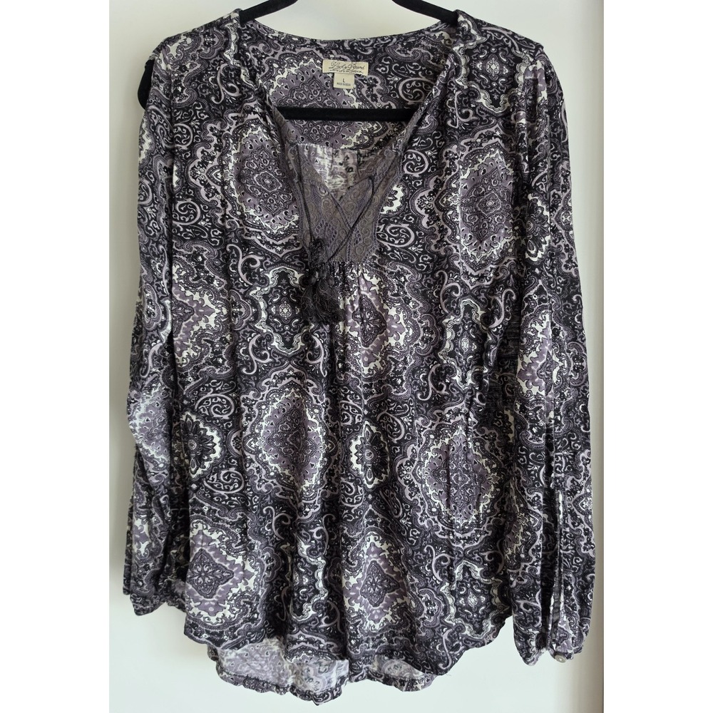 Lucky Brand Womens L Paisley Boho Split Neck Long Sleeve Blouse Top Shirt